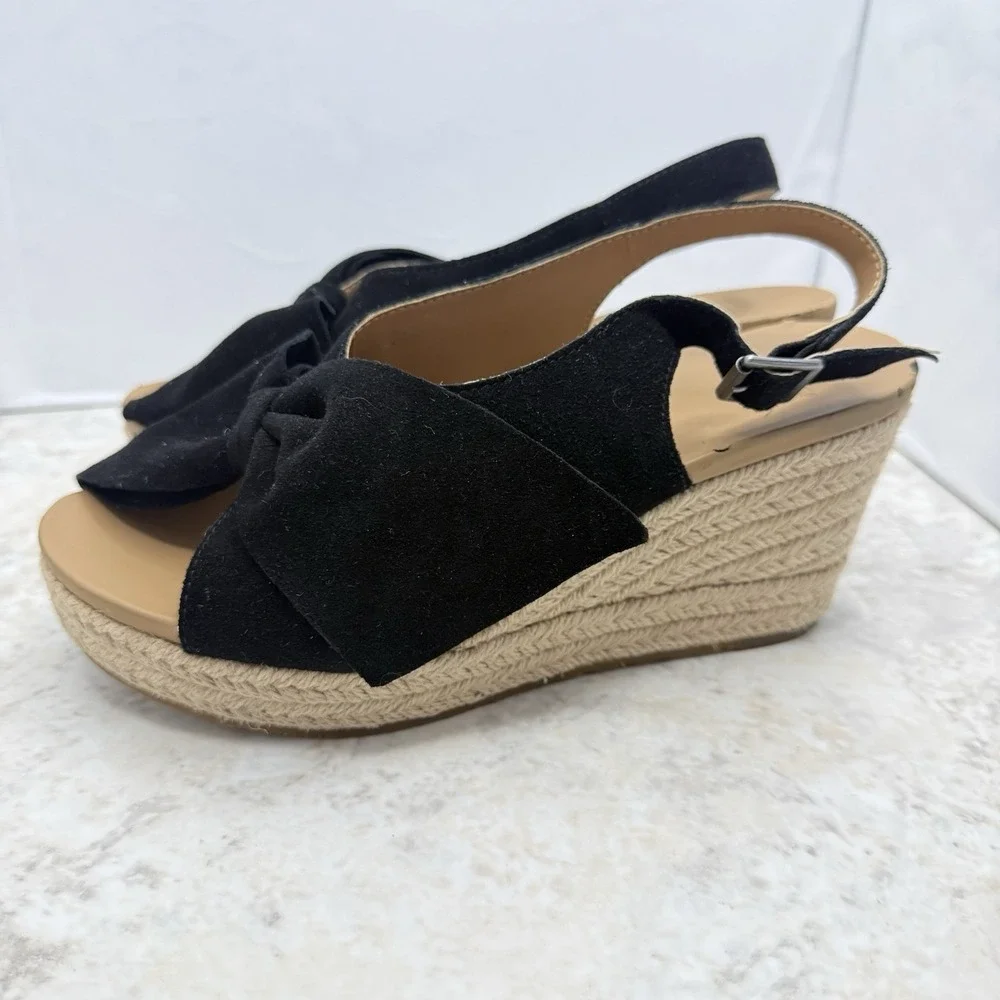UGG Camilla Women's Size 7 Black Suede Bow Espadrille Wedge Sandals Slingback